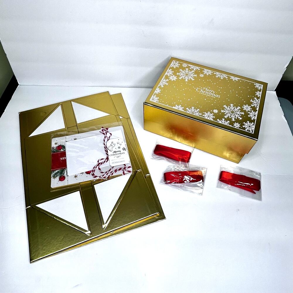 Set of 3 Gold and White Heavy Duty Collapsible Christmas Gift Boxes - NIP